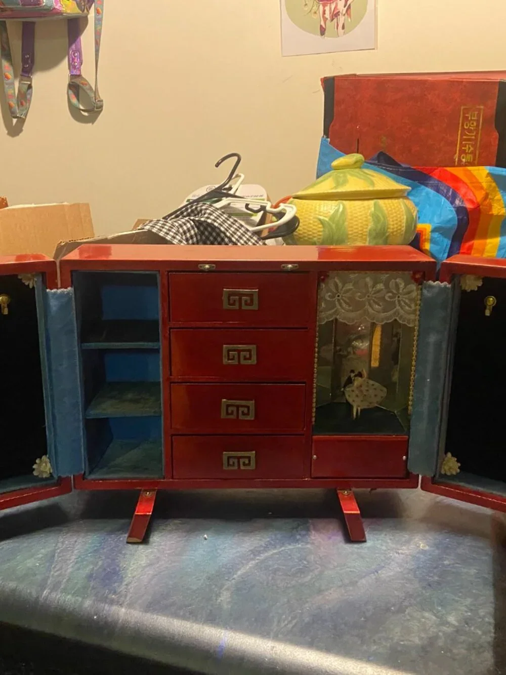 Vintage Red Lacquer Poodle Jewelry Armoire & Music Box from the 1950's